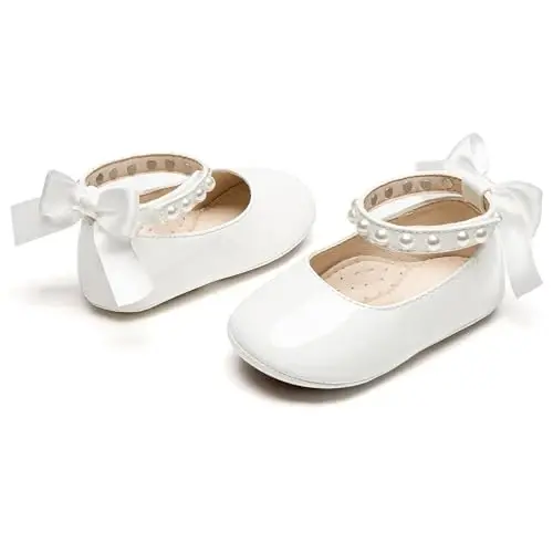 PHIRAMIN Baby Girls Mary Jane Flats - Infant Newborn Walking Shoes Soft Rubber Sole Princess Wedding - 6