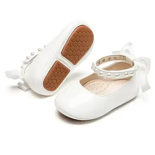 PHIRAMIN Baby Girls Mary Jane Flats - Infant Newborn Walking Shoes Soft Rubber Sole Princess Wedding - 1