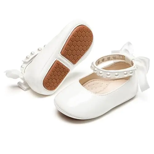 PHIRAMIN Baby Girls Mary Jane Flats - Infant Newborn Walking Shoes Soft Rubber Sole Princess Wedding 