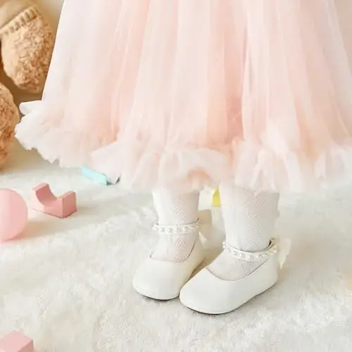 PHIRAMIN Baby Girls Mary Jane Flats - Infant Newborn Walking Shoes Soft Rubber Sole Princess Wedding - 3