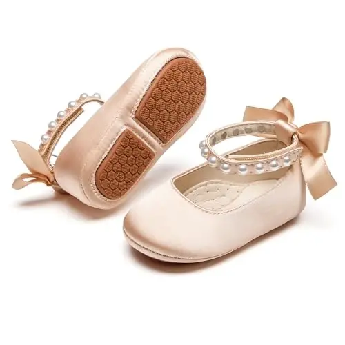 PHIRAMIN Baby Girls Mary Jane Flats - Infant Newborn Walking Shoes Soft Rubber Sole Princess Wedding - 1