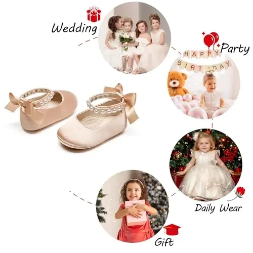 PHIRAMIN Baby Girls Mary Jane Flats - Infant Newborn Walking Shoes Soft Rubber Sole Princess Wedding - 4