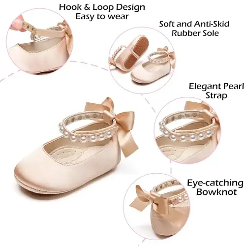 PHIRAMIN Baby Girls Mary Jane Flats - Infant Newborn Walking Shoes Soft Rubber Sole Princess Wedding - 5