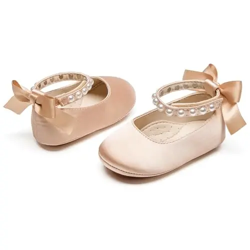 PHIRAMIN Baby Girls Mary Jane Flats - Infant Newborn Walking Shoes Soft Rubber Sole Princess Wedding - 6