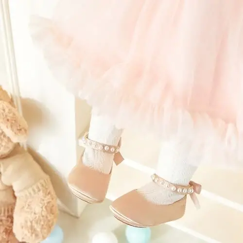 PHIRAMIN Baby Girls Mary Jane Flats - Infant Newborn Walking Shoes Soft Rubber Sole Princess Wedding - PHIRAMIN (1)