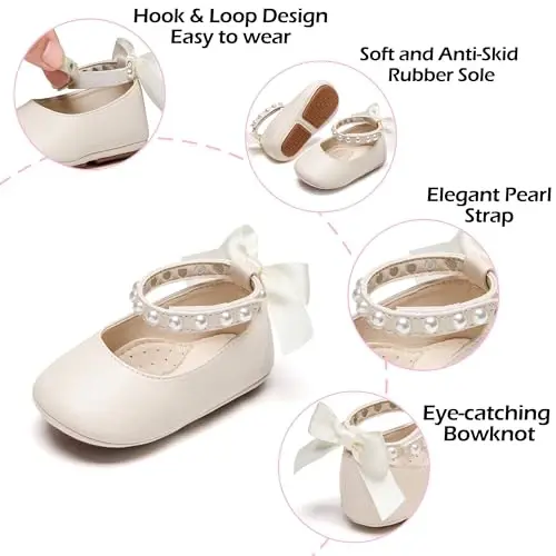 PHIRAMIN Baby Girls Mary Jane Flats - Infant Newborn Walking Shoes Soft Rubber Sole Princess Wedding - 5