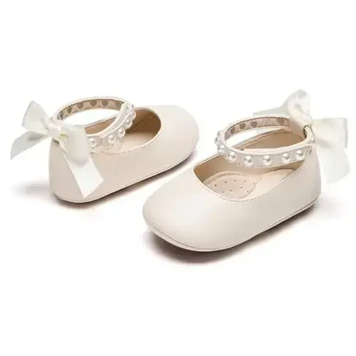 PHIRAMIN Baby Girls Mary Jane Flats - Infant Newborn Walking Shoes Soft Rubber Sole Princess Wedding - PHIRAMIN (1)