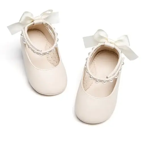 PHIRAMIN Baby Girls Mary Jane Flats - Infant Newborn Walking Shoes Soft Rubber Sole Princess Wedding - 3