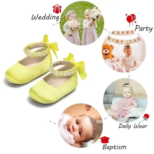 PHIRAMIN Baby Girls Mary Jane Flats - Infant Newborn Walking Shoes Soft Rubber Sole Princess Wedding - 4