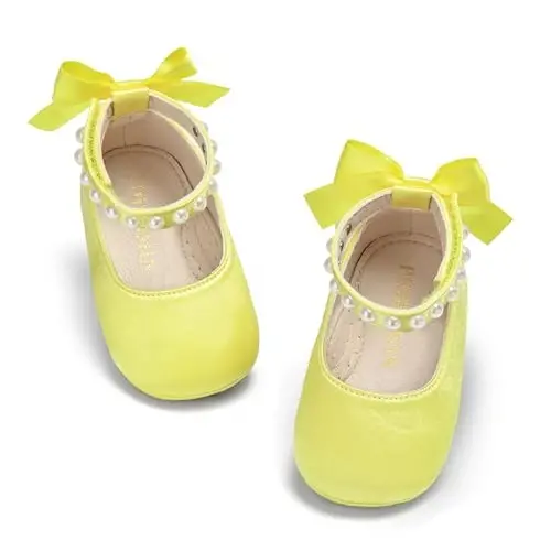 PHIRAMIN Baby Girls Mary Jane Flats - Infant Newborn Walking Shoes Soft Rubber Sole Princess Wedding - PHIRAMIN (1)