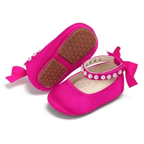 PHIRAMIN Baby Girls Mary Jane Flats - Infant Newborn Walking Shoes Soft Rubber Sole Princess Wedding - 1
