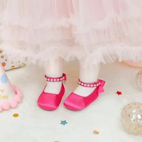 PHIRAMIN Baby Girls Mary Jane Flats - Infant Newborn Walking Shoes Soft Rubber Sole Princess Wedding - 3