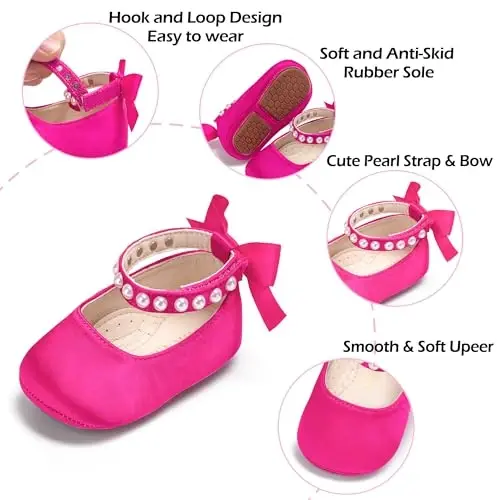 PHIRAMIN Baby Girls Mary Jane Flats - Infant Newborn Walking Shoes Soft Rubber Sole Princess Wedding - 5
