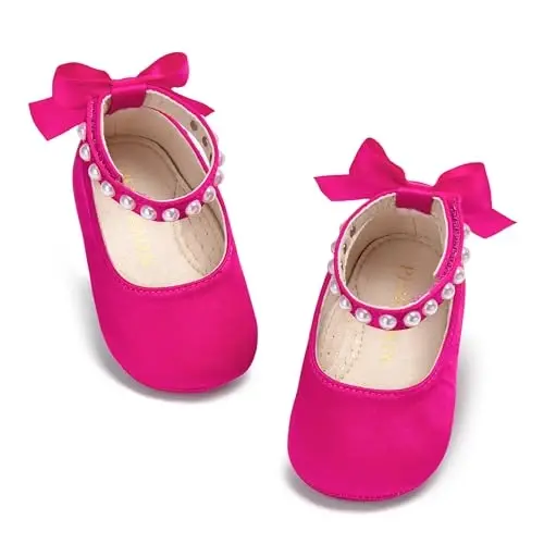 PHIRAMIN Baby Girls Mary Jane Flats - Infant Newborn Walking Shoes Soft Rubber Sole Princess Wedding - 6
