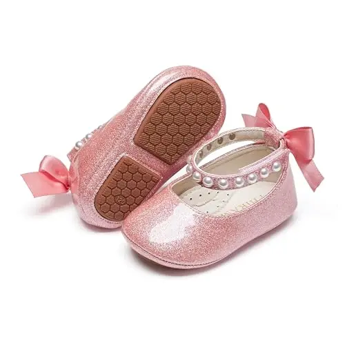 PHIRAMIN Baby Girls Mary Jane Flats - Infant Newborn Walking Shoes Soft Rubber Sole Princess Wedding - 1