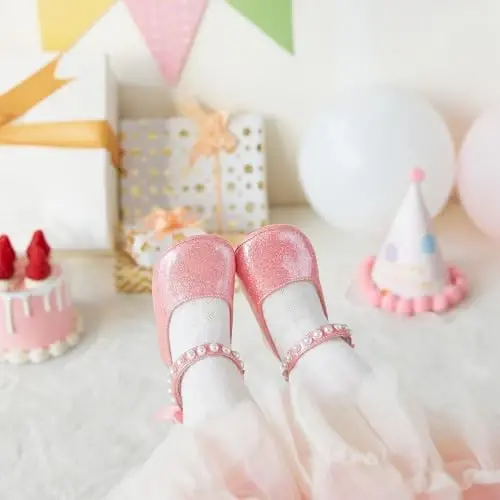 PHIRAMIN Baby Girls Mary Jane Flats - Infant Newborn Walking Shoes Soft Rubber Sole Princess Wedding - 2