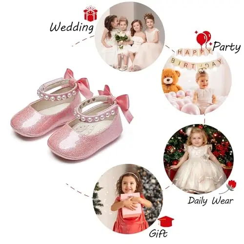 PHIRAMIN Baby Girls Mary Jane Flats - Infant Newborn Walking Shoes Soft Rubber Sole Princess Wedding - 4