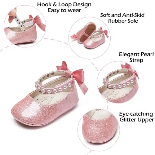 PHIRAMIN Baby Girls Mary Jane Flats - Infant Newborn Walking Shoes Soft Rubber Sole Princess Wedding - 5