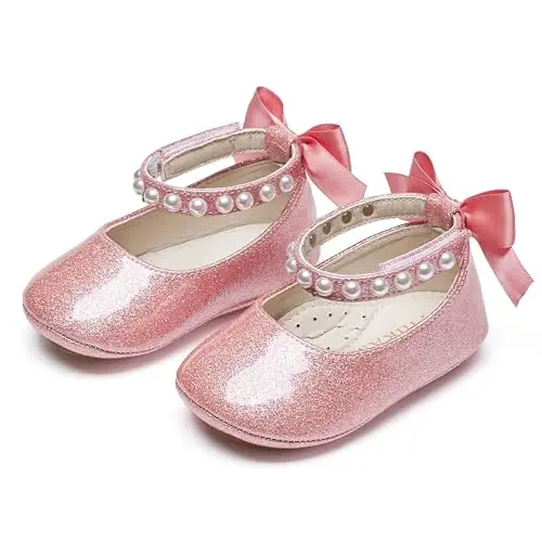 PHIRAMIN Baby Girls Mary Jane Flats - Infant Newborn Walking Shoes Soft Rubber Sole Princess Wedding - 6