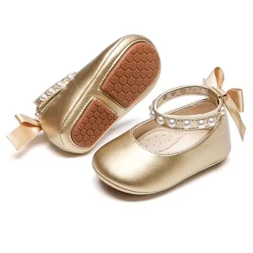 PHIRAMIN Baby Girls Mary Jane Flats - Infant Newborn Walking Shoes Soft Rubber Sole Princess Wedding - 1