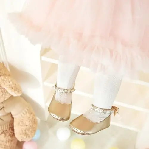 PHIRAMIN Baby Girls Mary Jane Flats - Infant Newborn Walking Shoes Soft Rubber Sole Princess Wedding - 3