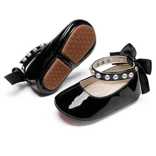 PHIRAMIN Baby Girls Mary Jane Flats - Infant Newborn Walking Shoes Soft Rubber Sole Princess Wedding - 1