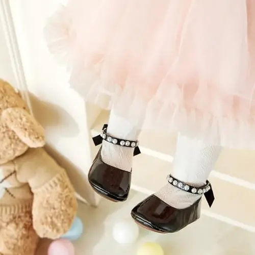 PHIRAMIN Baby Girls Mary Jane Flats - Infant Newborn Walking Shoes Soft Rubber Sole Princess Wedding - 2