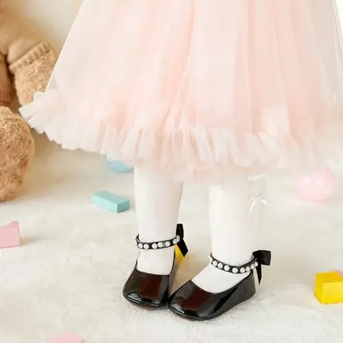 PHIRAMIN Baby Girls Mary Jane Flats - Infant Newborn Walking Shoes Soft Rubber Sole Princess Wedding - 3