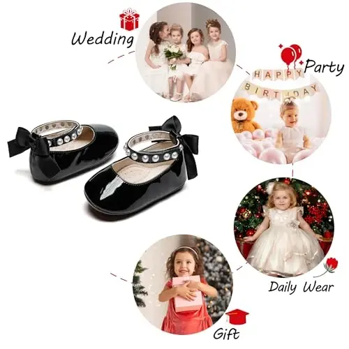 PHIRAMIN Baby Girls Mary Jane Flats - Infant Newborn Walking Shoes Soft Rubber Sole Princess Wedding - 4
