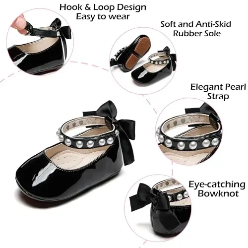 PHIRAMIN Baby Girls Mary Jane Flats - Infant Newborn Walking Shoes Soft Rubber Sole Princess Wedding - 5