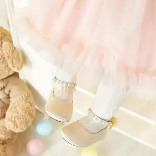 PHIRAMIN Baby Girls Mary Jane Flats - Infant Newborn Walking Shoes Soft Rubber Sole Princess Wedding - PHIRAMIN (1)