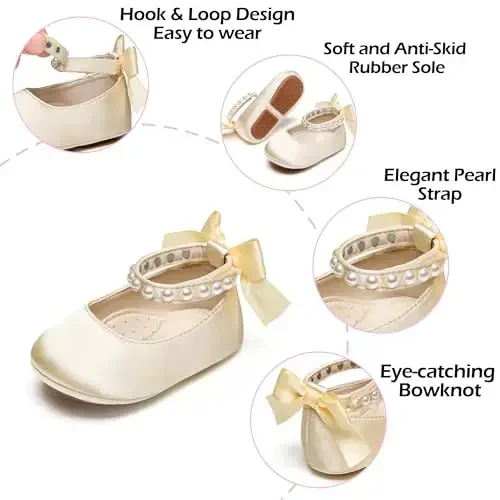 PHIRAMIN Baby Girls Mary Jane Flats - Infant Newborn Walking Shoes Soft Rubber Sole Princess Wedding - 5