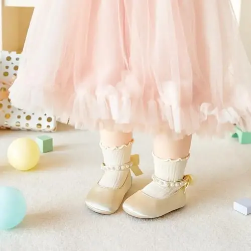 PHIRAMIN Baby Girls Mary Jane Flats - Infant Newborn Walking Shoes Soft Rubber Sole Princess Wedding - 3