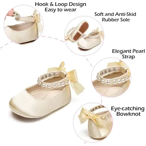 PHIRAMIN Baby Girls Mary Jane Flats - Infant Newborn Walking Shoes Soft Rubber Sole Princess Wedding - 5