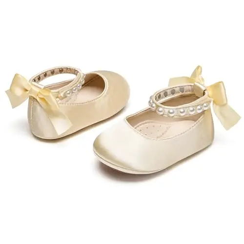 PHIRAMIN Baby Girls Mary Jane Flats - Infant Newborn Walking Shoes Soft Rubber Sole Princess Wedding - 6