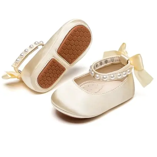 PHIRAMIN Baby Girls Mary Jane Flats - Infant Newborn Walking Shoes Soft Rubber Sole Princess Wedding - 1