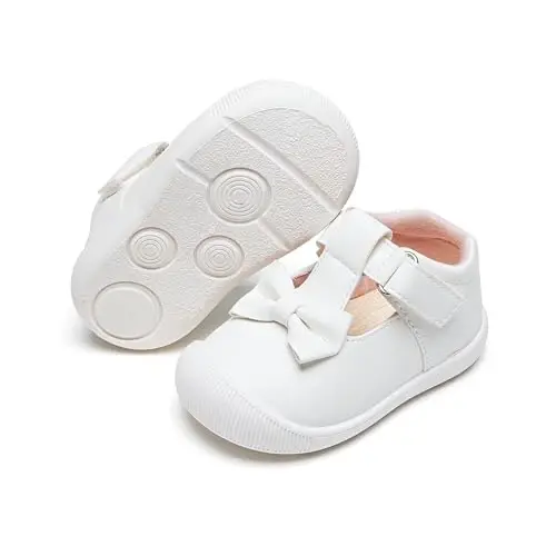 PHIRAMIN Baby Girls Mary Jane Flats - Infant Newborn Walking Shoes Soft Rubber Sole Princess Wedding - 1