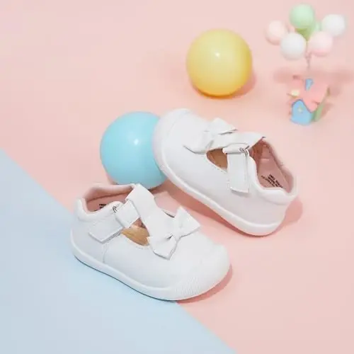 PHIRAMIN Baby Girls Mary Jane Flats - Infant Newborn Walking Shoes Soft Rubber Sole Princess Wedding - PHIRAMIN (1)