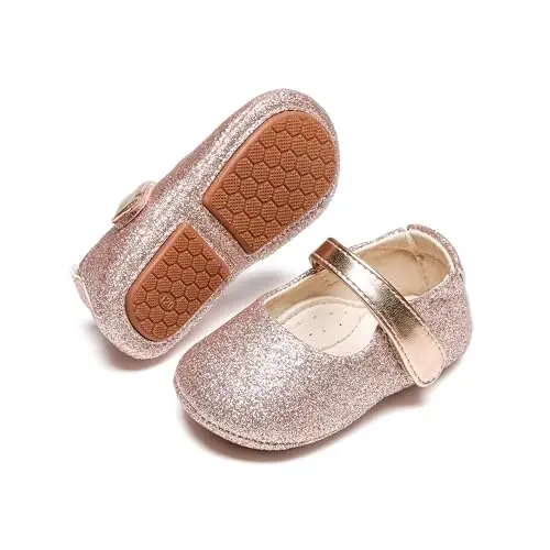PHIRAMIN Baby Girls Mary Jane Flats - Infant Newborn Walking Shoes Soft Rubber Sole Princess Wedding - 1