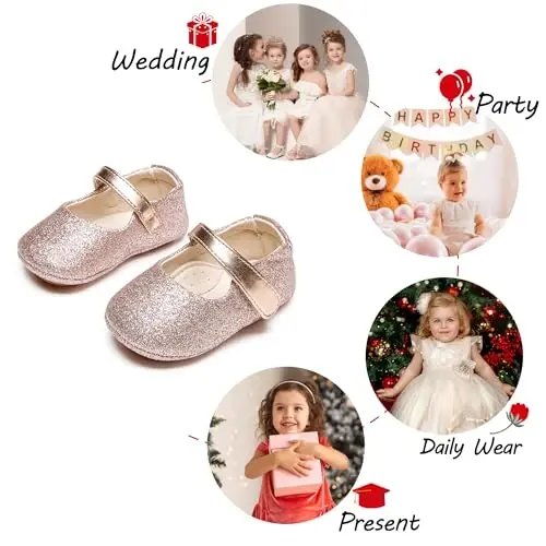 PHIRAMIN Baby Girls Mary Jane Flats - Infant Newborn Walking Shoes Soft Rubber Sole Princess Wedding - 3