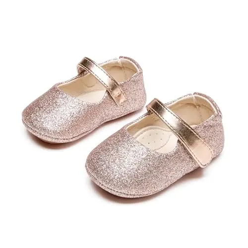 PHIRAMIN Baby Girls Mary Jane Flats - Infant Newborn Walking Shoes Soft Rubber Sole Princess Wedding - 5
