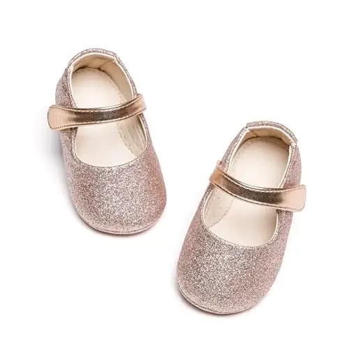PHIRAMIN Baby Girls Mary Jane Flats - Infant Newborn Walking Shoes Soft Rubber Sole Princess Wedding - 6
