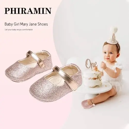 PHIRAMIN Baby Girls Mary Jane Flats - Infant Newborn Walking Shoes Soft Rubber Sole Princess Wedding - PHIRAMIN (1)