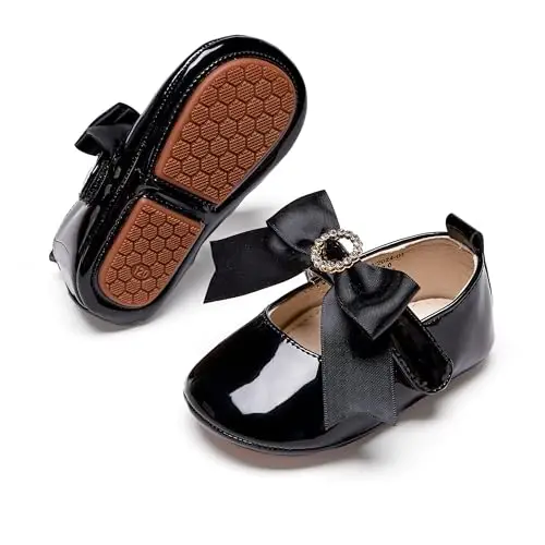 PHIRAMIN Baby Girls Mary Jane Flats - Infant Newborn Walking Shoes Soft Rubber Sole Princess Wedding - 1