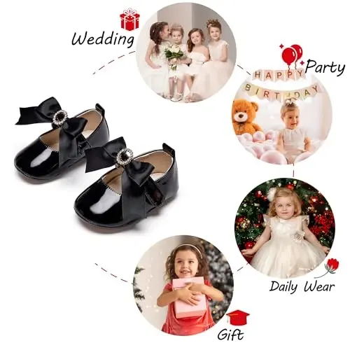 PHIRAMIN Baby Girls Mary Jane Flats - Infant Newborn Walking Shoes Soft Rubber Sole Princess Wedding - 4