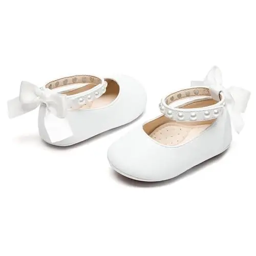 PHIRAMIN Baby Girls Mary Jane Flats - Infant Newborn Walking Shoes Soft Rubber Sole Princess Wedding - PHIRAMIN (1)