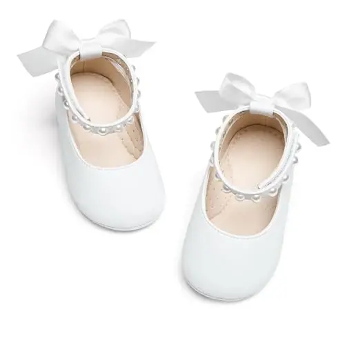 PHIRAMIN Baby Girls Mary Jane Flats - Infant Newborn Walking Shoes Soft Rubber Sole Princess Wedding - 3