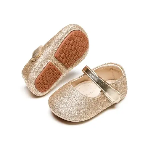 PHIRAMIN Baby Girls Mary Jane Flats - Infant Newborn Walking Shoes Soft Rubber Sole Princess Wedding - 1