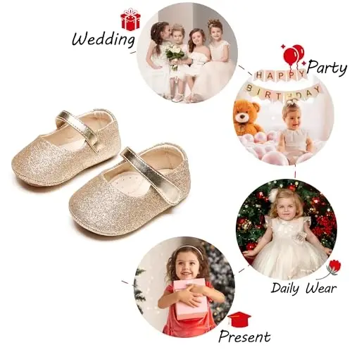 PHIRAMIN Baby Girls Mary Jane Flats - Infant Newborn Walking Shoes Soft Rubber Sole Princess Wedding - 3
