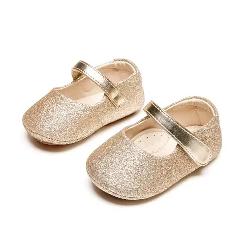 PHIRAMIN Baby Girls Mary Jane Flats - Infant Newborn Walking Shoes Soft Rubber Sole Princess Wedding - 5